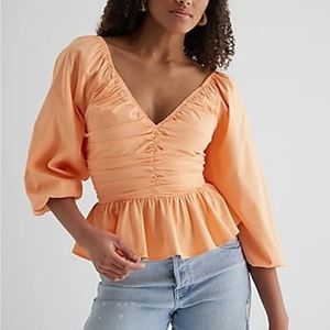 NWT Express Ruffled V-Neck Top Peach Smocked Back Ruched Blouse Size S Feminine